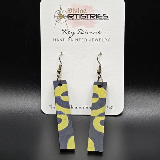 Bar Rectangle Op Art Circles Lime Green & Navy Earrings