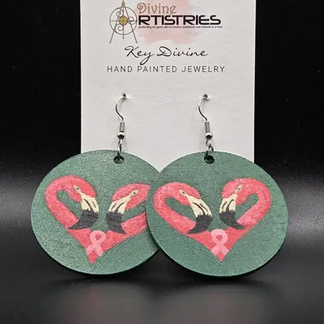 Circle Breast Cancer Awareness Heart-Shaped Flamingo Green Earrings
