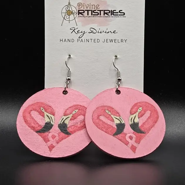 Circle Breast Cancer Awareness Heart-Shaped Flamingo Pink Earrings