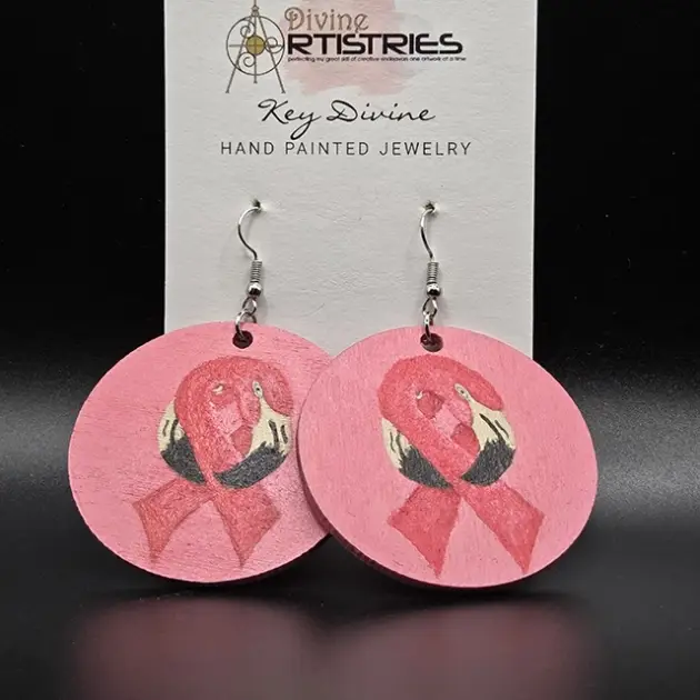 Circle Breast Cancer Awareness Ribbon-Shaped Flamingo Pink Earrings