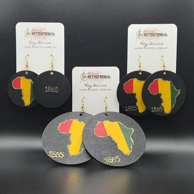 Circle Pan-African Red, Yellow, Green Colored Map of Africa with Black Background Small, Medium, and Large Earrings