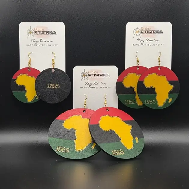Circle Yellow Colored Map of Africa with Pan-African Flag Background Small, Medium, and Large Earrings