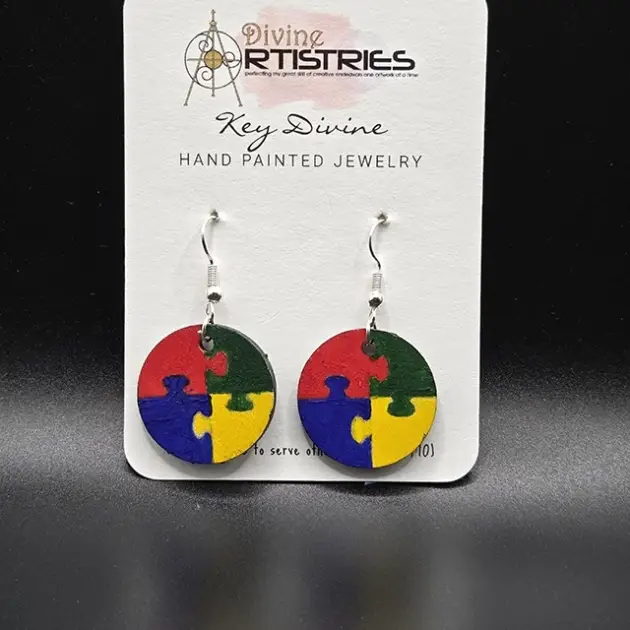 Extra Small Circle Autism Awareness Puzzle Piece, Red, Green, Yellow, Blue Earrings