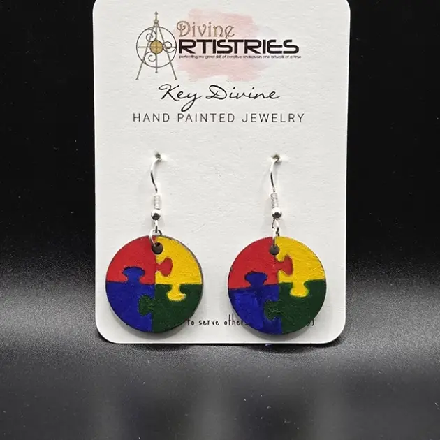 Extra Small Circle Autism Awareness Puzzle Piece, Red, Yellow, Green, Blue Earrings