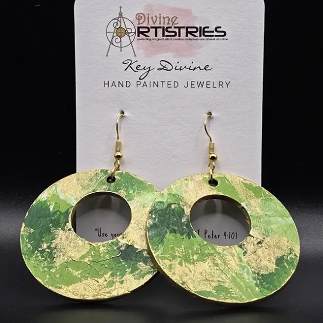 Hollowed Circle Abstract Prosperous Green with Gold Accents Earrings