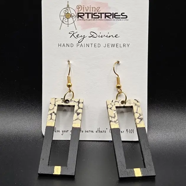 Hollowed Rectangle Marble Black Chandelier Earrings