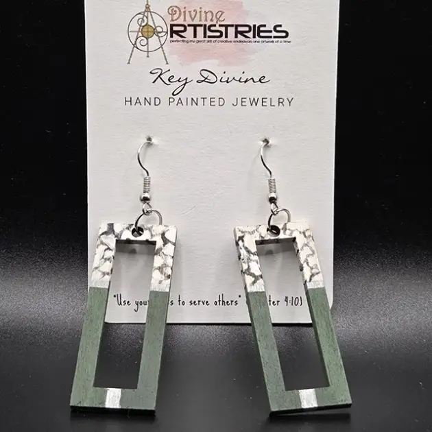 Hollowed Rectangle Marble Green Chandelier Earrings