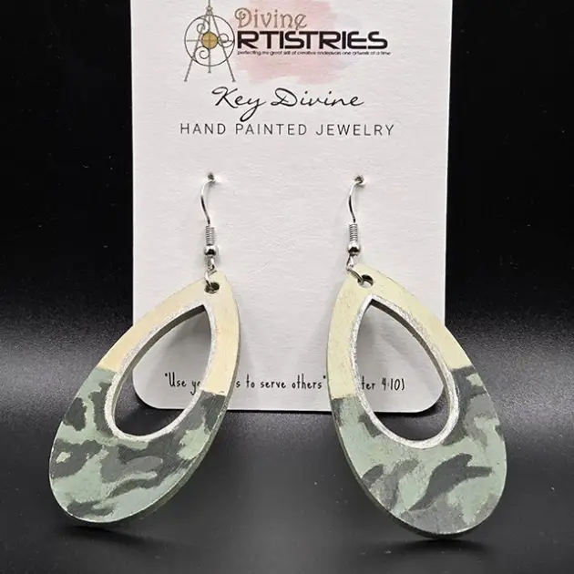 Hollowed Teardrop Camouflage Green with Silver Trim Earrings