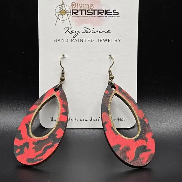 Hollowed Teardrop Camouflage Red with Gold Trim Earrings