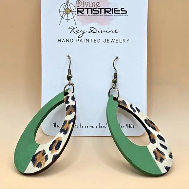 Hollowed Teardrop Leopard & Green Earrings