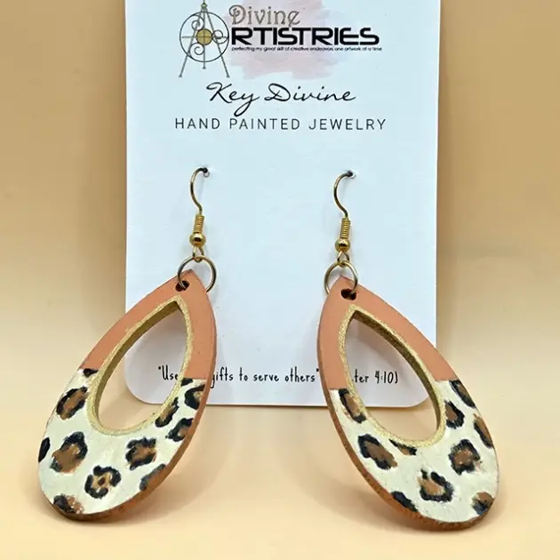 Hollowed Teardrop Leopard & Peach with Gold Trim Earrings