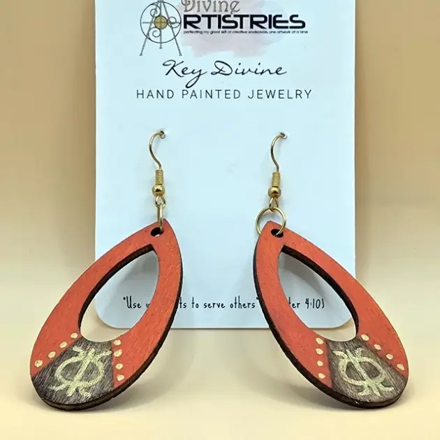 Hollowed Teardrop West African Symbol of Perseverance & Resilience Orange & Brown with Gold Accent Earrings